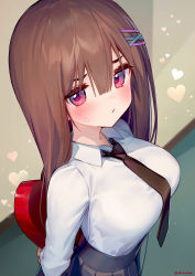 Rule 34 | 1girl, ainy, arms behind back, black necktie, black skirt, blush, box, breasts, brown hair, closed mouth, collared shirt, commentary request, from above, gift, hair ornament, hairclip, heart, heart-shaped box, highres, holding, holding gift, indoors, large breasts, long hair, long sleeves, looking at viewer, looking up, necktie, original, pink eyes, school uniform, shirt, skirt, solo, sweatdrop, twitter username, valentine, white shirt