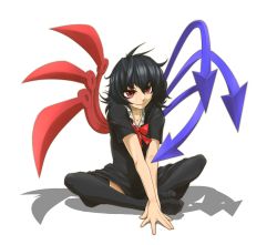 Rule 34 | 1girl, asymmetrical wings, black hair, butterfly sitting, didloaded, dress, feet, houjuu nue, no shoes, red eyes, ribbon, shadow, simple background, sitting, smile, solo, thighhighs, touhou, wings