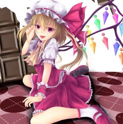 Rule 34 | 1girl, :p, absurdres, ascot, blonde hair, bobby socks, eyelashes, fang, female focus, fingernails, flandre scarlet, hand in own hair, hat, hat ribbon, highres, looking at viewer, mary janes, mob cap, open mouth, red eyes, ribbon, shoes, short hair, short sleeves, side ponytail, sitting, skirt, skirt set, socks, solo, taketiyi, tile floor, tiles, tongue, tongue out, touhou, wariza, wings, wrist cuffs