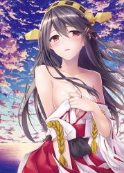 Rule 34 | 10s, 1girl, aiguillette, backlighting, bare shoulders, black bow, black hair, blush, bow, breasts, brown eyes, cleavage, cloud, cloudy sky, collarbone, cowboy shot, hair between eyes, hair ornament, hairclip, haruna (kancolle), head tilt, headgear, highres, horizon, ichimatsu nana, japanese clothes, kantai collection, kimono, light smile, looking at viewer, medium breasts, morning, nontraditional miko, ocean, off shoulder, open clothes, open kimono, outdoors, parted lips, red skirt, sash, shiny skin, skirt, sky, solo, sunlight, sunrise, undressing, water