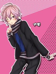 Rule 34 | 10s, 1boy, ahoge, character name, finger to mouth, grey eyes, jacket, long sleeves, male focus, mikado nagi, multiple boys, one eye closed, open mouth, pink background, pink hair, scarf, short hair, smile, solo, sweater, uta no prince-sama, yellow eyes