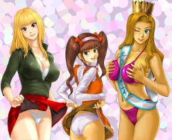 Rule 34 | 10s, 3girls, ;), ass, between breasts, bikini, black shirt, blonde hair, blunt bangs, bow, bra, breasts, breasts squeezed together, brown eyes, brown hair, chibimi, cleavage, clothes lift, commentary request, cowboy shot, crotch seam, crown, dark-skinned female, dark skin, dayoon, dress, dress lift, facial mark, from behind, genderswap, genderswap (mtf), hair bow, hairband, highres, iyayo, lace, lace-trimmed dress, lace-trimmed panties, lace trim, large breasts, light smile, long hair, long sleeves, looking at viewer, looking back, miniskirt, multicolored background, multiple girls, navel, one eye closed, osomatsu-san, osomatsu (series), panties, pink hairband, purple bikini, red bow, red dress, red eyes, red skirt, sash, shirt, skirt, skirt lift, smile, string panties, swimsuit, toten (der fuhrer), twintails, underwear, whisker markings, white bra, white panties, white shirt