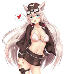 Rule 34 | 1girl, animal ears, bad id, bad pixiv id, blue eyes, blush, breasts, hat, heart, highres, long hair, medium breasts, navel, open mouth, qurare magic library, rommeling, simple background, solo, speech bubble, spoken heart, tail, very long hair, white background