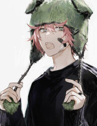 Rule 34 | 1boy, bandaid, bandaid on face, beanie, black shirt, earflap beanie, fangs, green eyes, hair between eyes, hands up, hat, highres, holding, holding clothes, holding hat, jewelry, long sleeves, looking at viewer, male focus, messy hair, open mouth, original, pale skin, pink hair, pom pom (clothes), pom pom beanie, ring, shirt, short hair, slit pupils, solo, suechimu, teeth, upper body, upper teeth only, white background