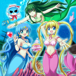 Rule 34 | 00s, 3girls, :d, armlet, bird, blonde hair, blue eyes, blue hair, bracelet, breasts, bubble, cleavage, dolphin, fish, green eyes, green hair, hair ornament, heart, hippo (mermaid melody pichi pichi pitch), houshou hanon, jellyfish, jewelry, kura-chan, long hair, mermaid, mermaid melody pichi pichi pitch, miru, momo-chan, monster girl, multiple girls, nanami lucia, necklace, open mouth, outstretched arm, pendant, penguin, seashell, shell, shell bikini, smile, star (symbol), star hair ornament, touin rina, twintails, underwater