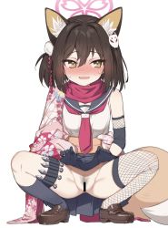 Rule 34 | 1girl, anba kohaku, animal ear fluff, animal ears, bar censor, black gloves, black pubic hair, black sailor collar, black skirt, black socks, blue archive, blush, brown footwear, brown hair, censored, clothes lift, female pubic hair, fishnet thighhighs, fishnets, floral print, fox ears, fox girl, fox hair ornament, fox tail, gloves, halo, highres, izuna (blue archive), japanese clothes, kimono, kunai, lifting own clothes, loafers, looking to the side, neckerchief, open mouth, pink kimono, print kimono, pubic hair, red neckerchief, red scarf, sailor collar, scarf, shoes, short hair, simple background, single sock, single thighhigh, skirt, skirt lift, smile, socks, solo, squatting, tail, thighhighs, weapon, white background, yellow eyes