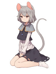 Rule 34 | &gt;:(, 1girl, animal ears, blush, capelet, full body, grey hair, highres, jewelry, long sleeves, mouse ears, mouse tail, nazrin, pendant, red eyes, shone, short hair, simple background, sitting, sketch, socks, solo, tail, touhou, v-shaped eyebrows, v arms, wariza, white background, white socks