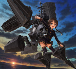 Rule 34 | 10s, 1girl, :d, ace combat, ace combat 04, aircraft carrier, black thighhighs, blue eyes, brown hair, cloud, full body, geofon (ace combat), highres, kantai collection, long sleeves, looking at viewer, making-of available, mecha musume, military, military uniform, military vehicle, ocean, open mouth, original, outstretched arms, personification, pleated skirt, ship, short hair, skirt, sky, smile, solo, sunset, tareme, thighhighs, tom-neko (zamudo akiyuki), two side up, uniform, warship, watercraft, weapon, zettai ryouiki