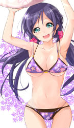 Rule 34 | 10s, 1girl, aqua eyes, bikini, breasts, cleavage, collarbone, female focus, floral print, highres, large breasts, layered bikini, long hair, love live!, love live! school idol festival, love live! school idol project, low twintails, navel, open mouth, print bikini, purple bikini, purple hair, revision, smile, solo, swimsuit, thigh gap, tojo nozomi, twintails, underboob, velia, very long hair