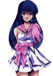 Rule 34 | 1980s (style), 1girl, blue hair, choujikuu yousai macross, cowboy shot, gloves, long hair, looking at viewer, lynn minmay, macross, mikimoto haruhiko, official art, retro artstyle, outstretched arms, parted lips, retro artstyle, simple background, skirt, solo, white background