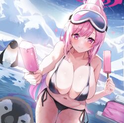 Rule 34 | 1girl, absurdres, bikini, bird, black bikini, blue archive, blush, breasts, cleavage, eimi (blue archive), eimi (swimsuit) (blue archive), glacier, goggles, goggles on head, groin, halo, highres, huge breasts, incoming food, jacket, looking at viewer, naseul 777, navel, official alternate costume, outdoors, penguin, pink eyes, pink hair, ponytail, scarf, side-tie bikini bottom, ski goggles, smile, solo, sparkle, stomach, string bikini, swimsuit, thigh gap, unworn jacket, unworn scarf