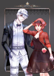 Rule 34 | 1boy, 1girl, :d, :|, absurdres, adjusting clothes, adjusting headwear, ae-3803, ahoge, alternate costume, arm at side, baseball cap, belt, belt buckle, black bow, black bowtie, black jacket, black pants, blue shorts, blush, border, bow, bowtie, breast pocket, breasts, brown eyes, buckle, cabbie hat, chinese commentary, cleavage, closed mouth, clothes writing, collarbone, colored skin, commentary, couple, covered navel, cowboy shot, cropped jacket, crown, denim, denim shorts, dress, dress flower, dress shirt, flower, formal, gloves, grey background, grey belt, hair over one eye, hand in pocket, hand on another&#039;s waist, hand up, hat, hat flower, hataraku saibou, head tilt, height difference, highres, hy (hungyu), jacket, jewelry, lace, lace border, long bangs, long jacket, long sleeves, looking at viewer, medium breasts, open clothes, open jacket, open mouth, ornate border, pale skin, pants, pink flower, pocket, red belt, red blood cell (hataraku saibou), red hair, red headwear, red jacket, ring, see-through, see-through dress, shaded face, shirt, short hair, short shorts, short sleeves, shorts, shorts under dress, side-by-side, single glove, smile, suit, teeth, tuxedo jacket, u-1146, uniform, upper teeth only, very short hair, white blood cell (hataraku saibou), white gloves, white hair, white headwear, white shirt, white skin, yellow eyes