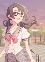 Rule 34 | 1girl, black-framed eyewear, black hair, blurry, blurry background, bow, bowtie, breasts, bush, cloud, collarbone, demirinz, fence, floating hair, gradient sky, grey sailor collar, grey skirt, hair tie, highres, idolmaster, idolmaster million live!, idolmaster million live! theater days, long hair, looking at another, low twintails, medium breasts, open mouth, outdoors, pavement, plaid, plaid sailor collar, plaid skirt, puffy short sleeves, puffy sleeves, red bow, red bowtie, red eyes, sailor collar, school uniform, shirt, short sleeves, skirt, sky, smile, solo, standing, takayama sayoko, tree, twintails, upper body, white shirt