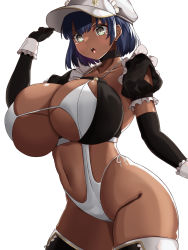 Rule 34 | 1girl, aether foundation employee, aether foundation employee (female), alternate costume, bikini, breasts, creatures (company), dark skin, elbow gloves, game freak, gloves, hat, highres, hizakake, huge breasts, maid, navel, nintendo, pokemon, pokemon sm, revision, simple background, solo, swimsuit, tan, thick thighs, thighhighs, thighs, white background, white hat, wide hips