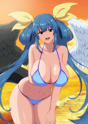Rule 34 | 1girl, absurdres, angel wings, arm under breasts, asymmetrical wings, bare shoulders, beach, bikini, blue bikini, blush, breasts, cleavage, cloud, commentary request, dizzy (guilty gear), fuuma (bangolga1), groin, guilty gear, guilty gear xrd, guilty gear xx, hair rings, hanging breasts, highres, large breasts, leaning forward, long hair, looking at viewer, mature female, monster girl, navel, ocean, open mouth, orange sky, shaded face, sidelocks, skindentation, sky, solo, stomach, sunlight, sunset, swimsuit, tail, thick thighs, thighs, twintails, water, waves, wings