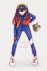 Rule 34 | 1girl, @ @, absurdres, bag, black hair, black pants, blue gakuran, blue jacket, bowl, buttons, carmine (pokemon), character name, chiizukeiki iida, colored inner hair, commentary request, creatures (company), crossed bangs, eyelashes, fang, full body, gakuran, game freak, gloves, grey background, grin, hair behind ear, hair between eyes, hairband, hand on own hip, highres, jacket, leaning forward, long hair, long sleeves, looking at viewer, mole, mole under eye, multicolored hair, nintendo, pants, partially fingerless gloves, pokemon, pokemon (creature), pokemon sv, red gloves, red hair, school uniform, shoes, sidelocks, simple background, sinistcha, smile, standing, teeth, two-tone hair, white footwear, yellow bag, yellow eyes, yellow hairband