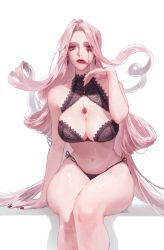 Rule 34 | 1girl, absurdres, arm at side, black bra, black panties, blood, bloody tears, bra, breasts, chohyojeong, cleavage, earrings, feet out of frame, floating hair, folded hair, gem, hand up, highres, jewelry, lace, lace bra, large breasts, lipstick, long hair, makeup, nail polish, navel, original, panties, pink hair, red eyes, red gemstone, red lips, red nails, runny makeup, scar, scar on chest, side-tie panties, sitting, skindentation, smeared lipstick, solo, underwear, underwear only, very long hair, white background