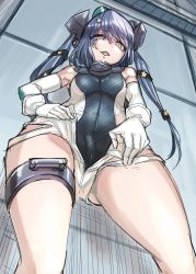 Rule 34 | 1boy, absurdres, black one-piece swimsuit, competition swimsuit, cosplay, covered navel, covered penis, elbow gloves, from below, garrison cap, gloves, grey hair, hair ornament, hat, highleg, highleg swimsuit, highres, indoors, kantai collection, long hair, looking at viewer, looking down, male focus, one-piece swimsuit, open mouth, poolside, scamp (kancolle), scamp (kancolle) (cosplay), shorts, smile, solo, star (symbol), star hair ornament, swimsuit, trap, twintails, two-tone swimsuit, uni (uni-strain), upper body, white gloves, white one-piece swimsuit, white shorts, yellow eyes