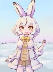 Rule 34 | 1girl, animal ears, blue sky, bow, bowtie, brown eyes, coat, elbow gloves, extra ears, ezo mountain hare (kemono friends), gloves, grey hair, highres, kemono friends, looking at viewer, outdoors, pantyhose, rabbit ears, rabbit girl, shirt, short hair, skirt, sky, snow, solo, zzz ansh