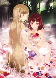 Rule 34 | 2girls, :d, atelier (series), atelier sophie, bath, bathing, blush, body blush, breasts, brown eyes, colored eyelashes, completely nude, convenient censoring, cupping hands, female focus, flower, from behind, highres, leaning forward, light brown hair, long hair, looking at viewer, monika ellmenreich, multiple girls, noco (adamas), nude, open mouth, own hands together, petals, petals on liquid, pouring, red hair, small breasts, smile, sophie neuenmuller, steam, steam censor, very long hair, wading, water, yuri