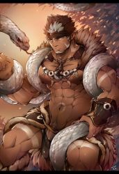 Rule 34 | 1boy, abs, arm tattoo, bara, beard, brown hair, bulge, dark-skinned male, dark skin, facial hair, headband, highres, jewelry, large pectorals, long sideburns, looking at viewer, male focus, muscular, navel, necklace, nipples, pectorals, penis, penis peek, pointy ears, revealing clothes, sideburns, snake, solo, spiked hair, stomach tattoo, tangaroa (housamo), tattoo, tengo (maotengo), tokyo houkago summoners, topless male, upper body, white hair, yellow eyes