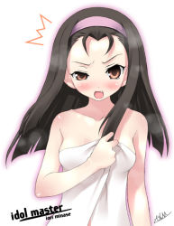 Rule 34 | 00s, 1girl, antenna hair, bare shoulders, blush, breasts, brown eyes, brown hair, cleavage, collarbone, copyright name, holding, idolmaster, idolmaster xenoglossia, kantoku, long hair, looking at viewer, minase iori, naked towel, simple background, solo, towel, upper body, white background