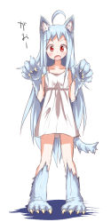 Rule 34 | 1girl, ahoge, animal ears, blue hair, blush, circle garbage, dress, fang, highres, long hair, looking at viewer, monster girl, open mouth, red eyes, simple background, solo, standing, very long hair, white background, wolf ears, wolf girl