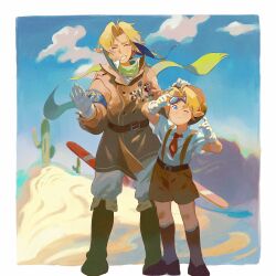 2boys absurdres alternate_costume alternate_universe armband belt black_socks blonde_hair boots border brown_boots brown_coat brown_hat cactus cloud coat contemporary facing_viewer goggles goggles_on_head green_scarf grin hand_on_another&#039;s_head hat highres hylian_shield link male_focus master_sword medal multiple_boys necktie nintendo one_eye_closed pilot pointy_ears red_necktie ricmoo3 scarf shield shirt short_hair smile socks suspenders the_legend_of_zelda the_legend_of_zelda:_ocarina_of_time time_paradox white_border white_shirt young_link