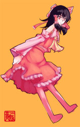 Rule 34 | 1girl, ascot, black hair, blouse, detached sleeves, female focus, frilled hair tubes, frills, frown, full body, hair tubes, hakurei reimu, japanese clothes, miko, red eyes, red shirt, shirt, simple background, skirt, sleeveless, sleeveless shirt, solo, touhou, yellow ascot, yellow background