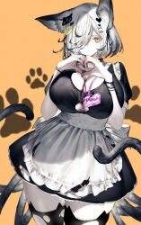Rule 34 | 1girl, absurdres, animal ear fluff, animal ear legwear, animal ears, apron, back bow, belt collar, black hair, black ribbon, black thighhighs, bow, breasts, cat ear legwear, cat ears, cat hair ornament, cat tail, cleavage, closed mouth, collar, cowboy shot, eyebrows hidden by hair, eyes visible through hair, frilled apron, frills, grey hair, hair ornament, hair over one eye, hair ribbon, hands up, heart, heart hair ornament, heart hands, highres, huge breasts, inumata ichini, large bow, looking at viewer, maid, maid apron, multicolored hair, multiple tails, orange background, original, ribbon, short hair, simple background, solo, standing, streaked hair, swept bangs, tail, thick thighs, thighhighs, thighs, torn clothes, torn thighhighs, white bow, yellow eyes