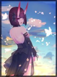 Rule 34 | 1girl, absurdres, ass, back, bad id, bad pixiv id, bare shoulders, black dress, blue sky, bob cut, breasts, bug, butterfly, dress, eyeliner, fate/grand order, fate (series), hair ribbon, highres, horns, insect, long hair, long sleeves, looking at viewer, makeup, oni, open mouth, parted lips, purple eyes, purple hair, ribbon, sawarineko, short hair, shuten douji (fate), skin-covered horns, sky, small breasts, smile, solo, thighs