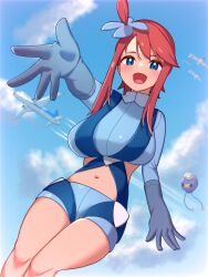 Rule 34 | 1girl, :d, absurdres, aircraft, airplane, blue gloves, blue jacket, blue shorts, blush, breasts, cloud, commentary request, creatures (company), cropped jacket, dadada (hukutsu bot ), day, drifloon, game freak, gen 3 pokemon, gen 4 pokemon, gloves, green eyes, hair ornament, highres, jacket, knees, looking at viewer, navel, nintendo, one side up, open mouth, outdoors, pokemon, pokemon (creature), pokemon (game), pokemon bw, red hair, short hair with long locks, short shorts, shorts, sidelocks, sky, skyla (pokemon), smile, spread fingers, tongue, turtleneck, wingull