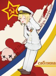 1boy 1girl bald blonde_hair brown_footwear check_translation chibi communism death flag_background genderswap hammer_and_sickle hat hearts_of_iron ikustas_nir military military_hat military_uniform one_eye_closed open_mouth red_eyes russian_text soviet standing the_new_order:_last_days_of_europe tongue tongue_out translation_request v valery_sablin