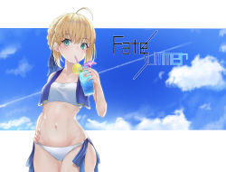 Rule 34 | 1girl, absurdres, ahoge, artoria pendragon (all), artoria pendragon (fate), bandeau, bikini, blonde hair, blue ribbon, blue sky, blush, braid, breasts, cloud, cloudy sky, collarbone, commentary request, copyright name, cowboy shot, day, dress, drink, drinking, drinking straw, fate/stay night, fate (series), green eyes, hair between eyes, hair ribbon, hand on own hip, highres, holding, looking at viewer, m.tokotsu, navel, official alternate costume, outdoors, ribbon, saber (fate), short hair, side-tie bikini bottom, sidelocks, sky, small breasts, solo, stomach, summer, sweat, swimsuit, white background, white bikini