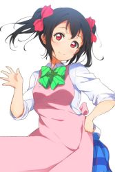 Rule 34 | 10s, 1girl, apron, bad id, bad pixiv id, black hair, bow, bowtie, collared shirt, green bow, green bowtie, hair bow, hand on own hip, icehotmilktea, looking at viewer, love live!, love live! school idol project, red bow, red eyes, school uniform, shirt, simple background, sleeves pushed up, smile, solo, twintails, white background, white shirt, yazawa nico