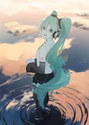Rule 34 | 1girl, aqua eyes, aqua hair, bad id, bad pixiv id, bare shoulders, black skirt, black sleeves, black thighhighs, blouse, commentary, destroikan, detached sleeves, from above, from side, hair ornament, hatsune miku, hatsune miku (nt), headphones, high heels, highres, long hair, looking at viewer, looking back, miniskirt, neck ribbon, open mouth, piapro, pleated skirt, ribbon, ripples, see-through, see-through legwear, see-through sleeves, shirt, shoulder tattoo, skirt, sky, sleeveless, sleeveless shirt, smile, solo, standing, standing on liquid, tattoo, thighhighs, twilight, twintails, very long hair, vest, vocaloid, white shirt, white sleeves, zettai ryouiki
