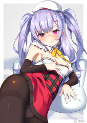 Rule 34 | 1girl, ajax (azur lane), armpits, azur lane, beret, black pantyhose, blush, breasts, capelet, crotch seam, detached sleeves, embarrassed, frown, hat, highres, long hair, long sleeves, looking at viewer, lying, on side, open mouth, outside border, panties, panties under pantyhose, pantyhose, pillow, purple hair, red eyes, red skirt, shiny skin, skirt, small breasts, smile, solo, supershiruco, sweatdrop, twitter username, two side up, underwear, white capelet, white hat