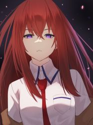 Rule 34 | 1girl, black background, breast pocket, breasts, brown jacket, collared shirt, commentary request, crossed bangs, hair between eyes, hair over shoulder, high collar, highres, jacket, long hair, looking at viewer, makise kurisu, medium breasts, mixed-language commentary, necktie, off shoulder, parted lips, pocket, purple eyes, red hair, red necktie, sanukiske, shirt, solo, steins;gate, straight hair, upper body, white shirt