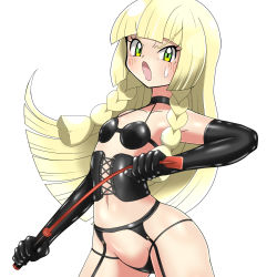 Rule 34 | 1girl, absurdres, angry, ass, black bra, black corset, black gloves, black panties, blonde hair, blush, bra, braid, breasts, choker, corset, creatures (company), dominatrix, elbow gloves, game freak, garter straps, gloves, green eyes, highres, latex, latex bra, latex gloves, lillie (pokemon), lingerie, lips, long hair, navel, nintendo, panties, pokemon, pokemon sm, riding crop, shiny clothes, shiny skin, shoukin500, small breasts, sweat, thick thighs, thighs, thong, underwear, whip, white background