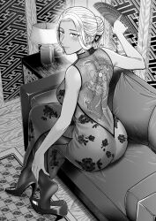 Rule 34 | 1girl, absurdres, blush, china dress, chinese clothes, couch, dress, fan, feet, highres, kyuuso inukami, long hair, looking at viewer, monochrome, pantyhose, sitting, soles