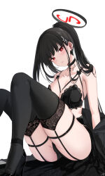 Rule 34 | 1girl, alternate costume, black hair, blue archive, blush, bra, breasts, choker, earrings, feint721, hair ornament, hairclip, halo, high heels, highres, jewelry, lace, lace-trimmed bra, lace trim, large breasts, long hair, looking at viewer, panties, parted lips, ponytail, red eyes, rio (blue archive), solo, thighhighs, thighs, underwear, very long hair, white background