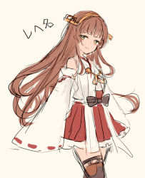 Rule 34 | 1girl, beige background, blunt bangs, boots, brown eyes, brown hair, commentary request, cosplay, cowboy shot, detached sleeves, hairband, haruna (kancolle), haruna (kancolle) (cosplay), headgear, helena (kancolle), helena kai (kancolle), japanese clothes, kantai collection, long hair, looking at viewer, ribbon-trimmed sleeves, ribbon trim, solo, thigh boots, thighhighs, wss (nicoseiga19993411)