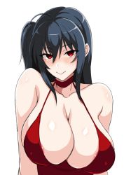 Rule 34 | 1girl, ahoge, areola slip, azur lane, bare shoulders, black hair, blush, breasts, choker, cleavage, closed mouth, cocktail dress, collarbone, covered erect nipples, dress, hair between eyes, large breasts, long hair, looking at viewer, official alternate costume, red choker, red dress, red eyes, simple background, smile, solo, taihou (azur lane), taihou (forbidden feast) (azur lane), tawashi1623, white background