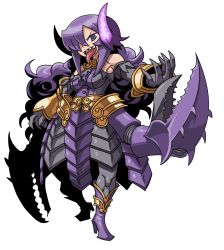 Rule 34 | 1girl, armor, armored dress, bare shoulders, boots, bracer, breasts, claws, demon girl, elbow gloves, faulds, full body, gloves, hair over one eye, high heels, horns, jewelry, long hair, matsuda yuusuke, necklace, nise maou kanizeru, original, purple eyes, purple hair, sharp teeth, shoes, solo, teeth, tongue, tongue out, yuusha to maou