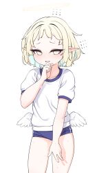 Rule 34 | 1girl, absurdres, blonde hair, blue buruma, blue hair, buruma, commentary request, dove pixie, gym shirt, gym uniform, halo, highres, looking at viewer, low wings, mole, mole on thigh, multicolored hair, original, pointy ears, shirt, short hair, short sleeves, simple background, solo, standing, sweat, two-tone hair, upper body, white background, white shirt, white wings, wings, yellow eyes, yellow halo
