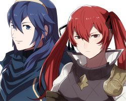 Rule 34 | 2girls, blue eyes, blue hair, closed mouth, fire emblem, fire emblem awakening, fire emblem fates, long hair, looking at viewer, lucina (fire emblem), multiple girls, nintendo, parted lips, red eyes, red hair, rem (eyes 410), ribbon, selena (fire emblem fates), smile, tiara, twintails, upper body, vest