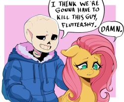 Rule 34 | 1boy, 1girl, blue jacket, border, colored skin, commentary, english commentary, english text, fluttershy, hood, horse girl, i think we&#039;re gonna have to kill this guy steven (meme), jacket, meme, my little pony, my little pony: friendship is magic, nubi mei, outside border, pink background, pink hair, sad, sans, skeleton, undertale, white border, yellow fur, yellow skin