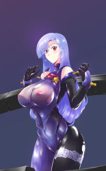 Rule 34 | 1girl, bare shoulders, blue bodysuit, blush, bodysuit, breasts, crossover, gundam, gundam zz, haganef, highres, huge breasts, long hair, looking at viewer, mobile trace suit, nipples, parody, purple hair, red eyes, roux louka, see-through bodysuit, skin tight, solo