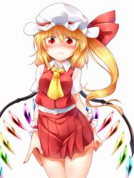 Rule 34 | 1girl, alternate breast size, ascot, blonde hair, blush, breasts, buttons, closed mouth, collared shirt, cowboy shot, crystal, dress shirt, fang, fang out, flandre scarlet, hair between eyes, hat, hat ribbon, highres, long hair, marukyuu ameya, medium breasts, miniskirt, mob cap, multicolored wings, nail polish, nose blush, red eyes, red nails, red ribbon, red skirt, red vest, ribbon, shirt, short sleeves, simple background, skin fang, skirt, solo, touhou, vest, white background, white shirt, wings, wrist cuffs, yellow ascot