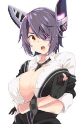 Rule 34 | &gt;:o, 10s, 1girl, :o, between breasts, black gloves, black necktie, breasts, brown eyes, checkered clothes, checkered necktie, checkered neckwear, cleavage, collared shirt, crossed arms, eyepatch, gloves, headgear, kantai collection, kichihachi, large breasts, necktie, necktie between breasts, open clothes, open mouth, open shirt, partially fingerless gloves, purple hair, shirt, short hair, simple background, sleeves rolled up, solo, teeth, tenryuu (kancolle), unbuttoned, unbuttoned shirt, v-shaped eyebrows, white background